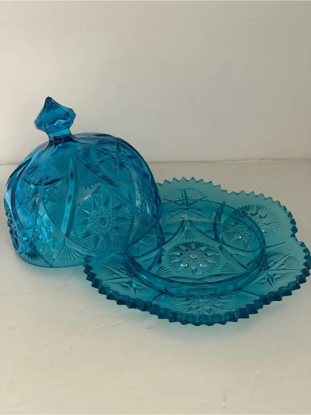 Bright Blue Pressed Glass Covered Cheese Dish